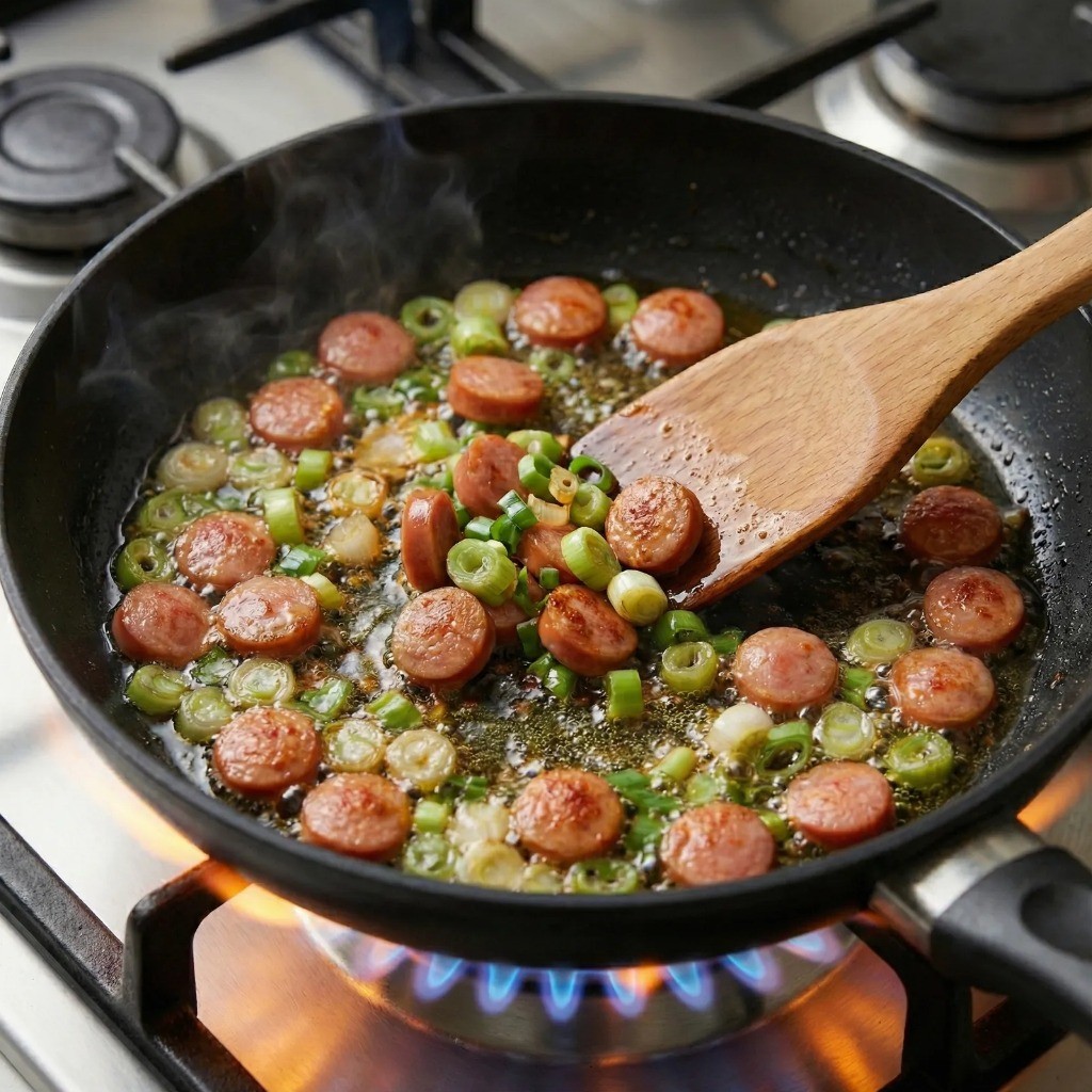 김치볶음밥 파기름 내는 법: 식용유에 대파와 소세지를 노릇하게 볶아 풍미 살리기