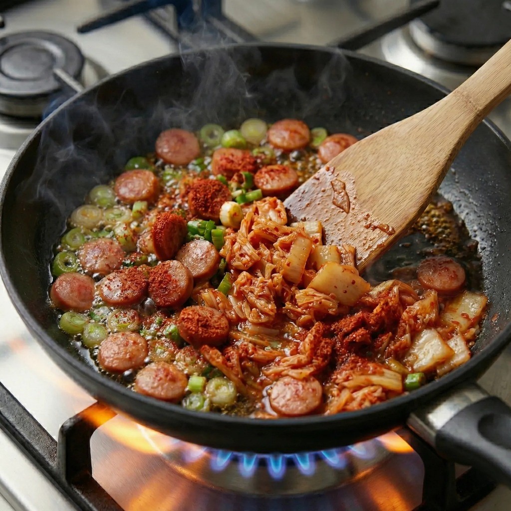 김치볶음밥 양념하기: 신김치와 고춧가루를 넣고 골고루 볶는 조리 과정