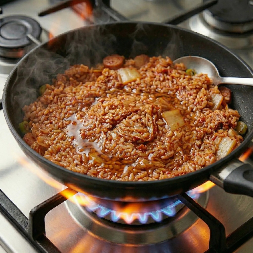 백종원 김치볶음밥 마무리: 센 불에 볶아 고슬고슬한 식감 살리고 계란후라이 토핑