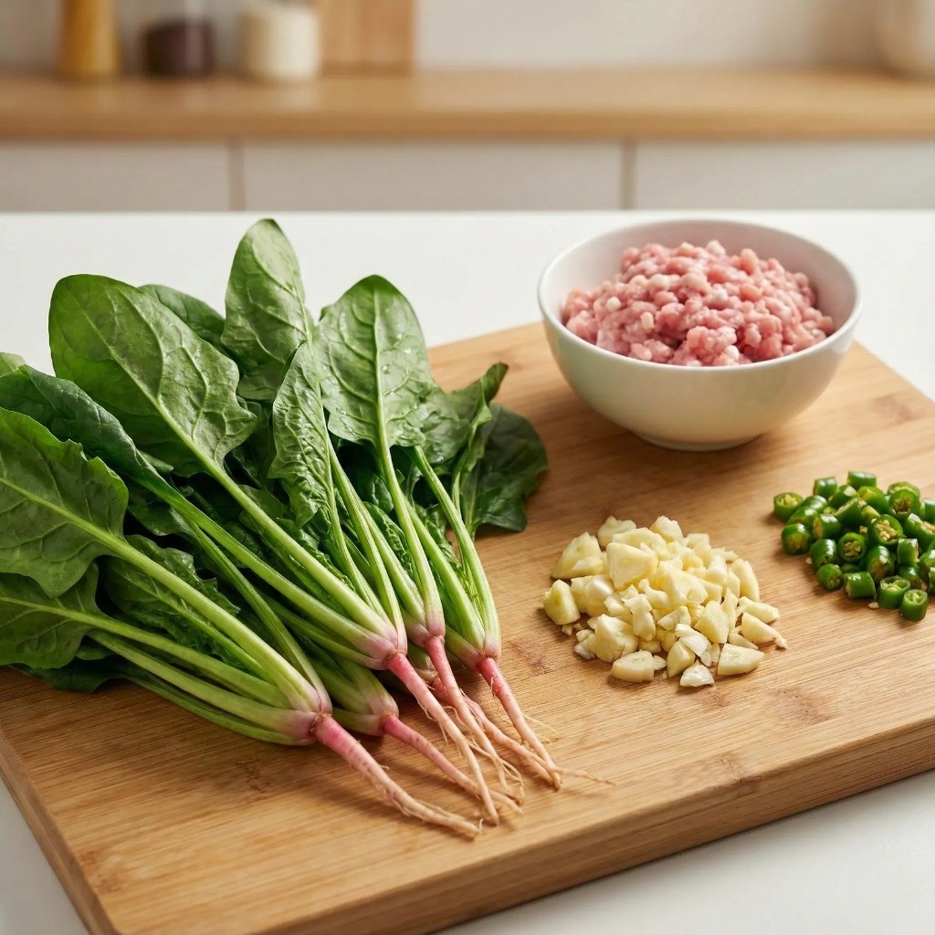 시금치 덮밥 재료 손질: 시금치, 마늘, 고추 준비