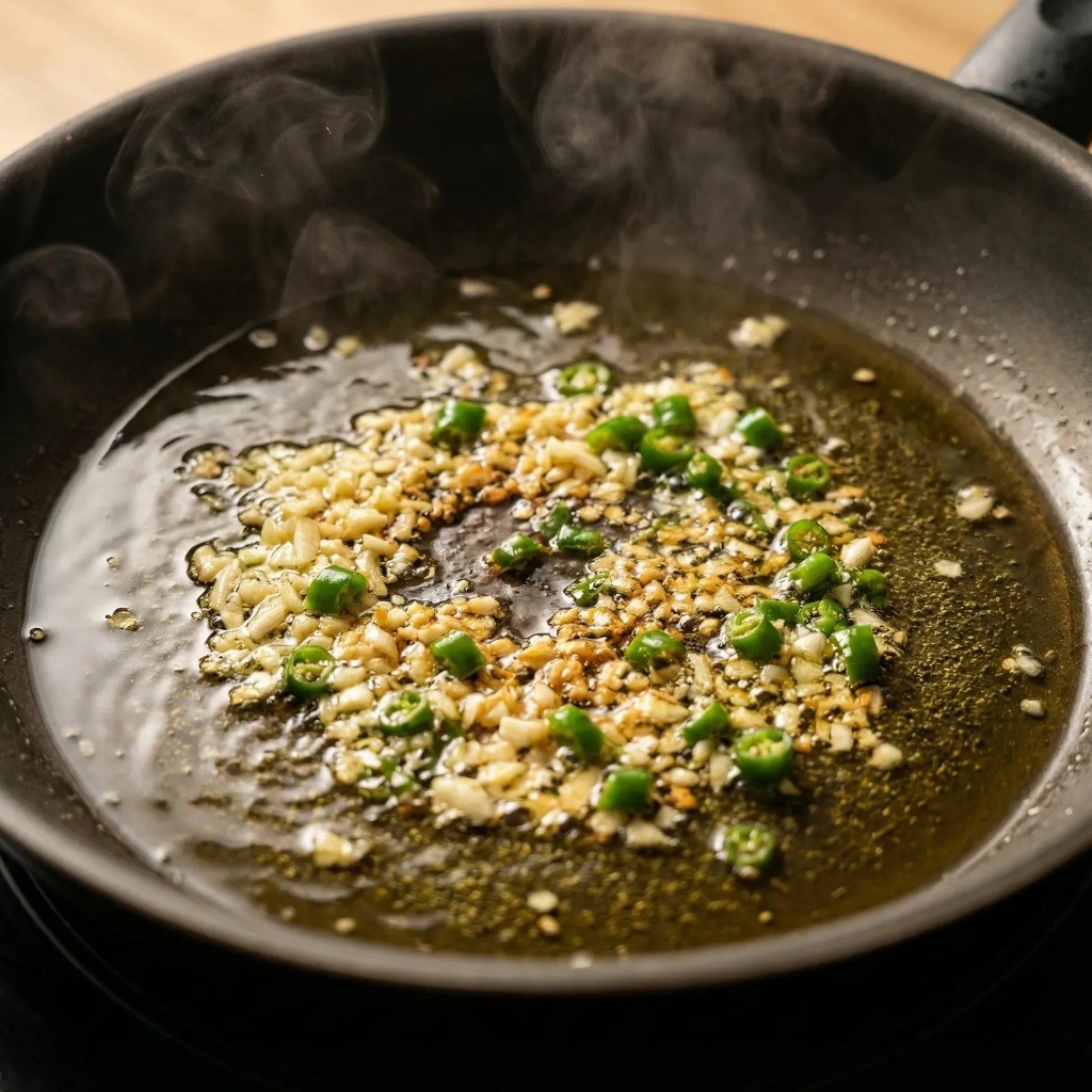 향신채 볶기: 식용유에 마늘과 고추로 기름 내기