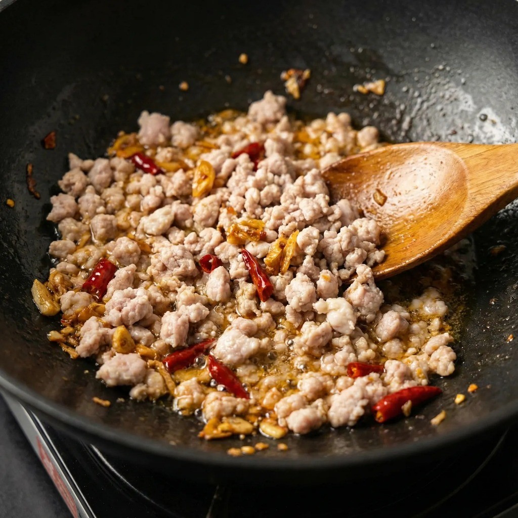 돼지고기 다짐육 볶기: 고소한 고기 기름 내는 과정