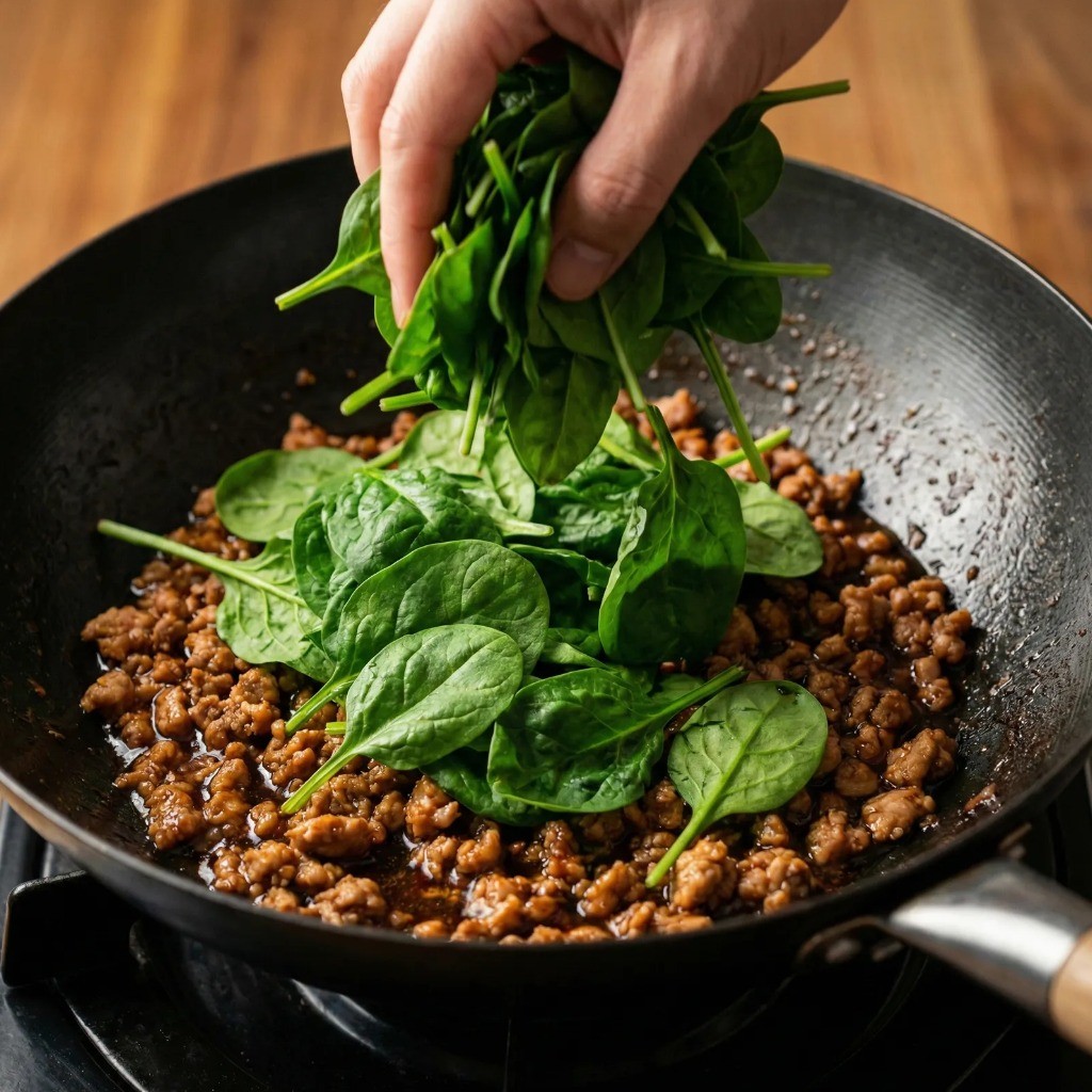 시금치 볶기: 센 불에 빠르게 볶아 식감 살리기