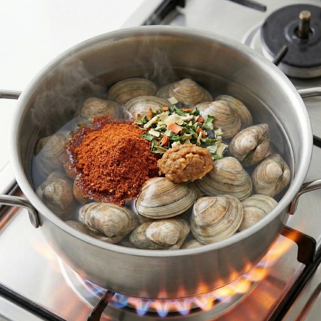 바지락 라면 육수 만들기 - 찬물에 바지락과 된장 미역 넣기