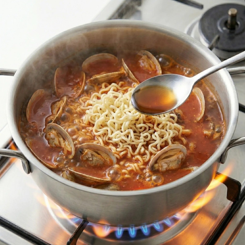 라면 면발과 비법 양념 넣기 - 멸치액젓과 고춧가루로 감칠맛 내기