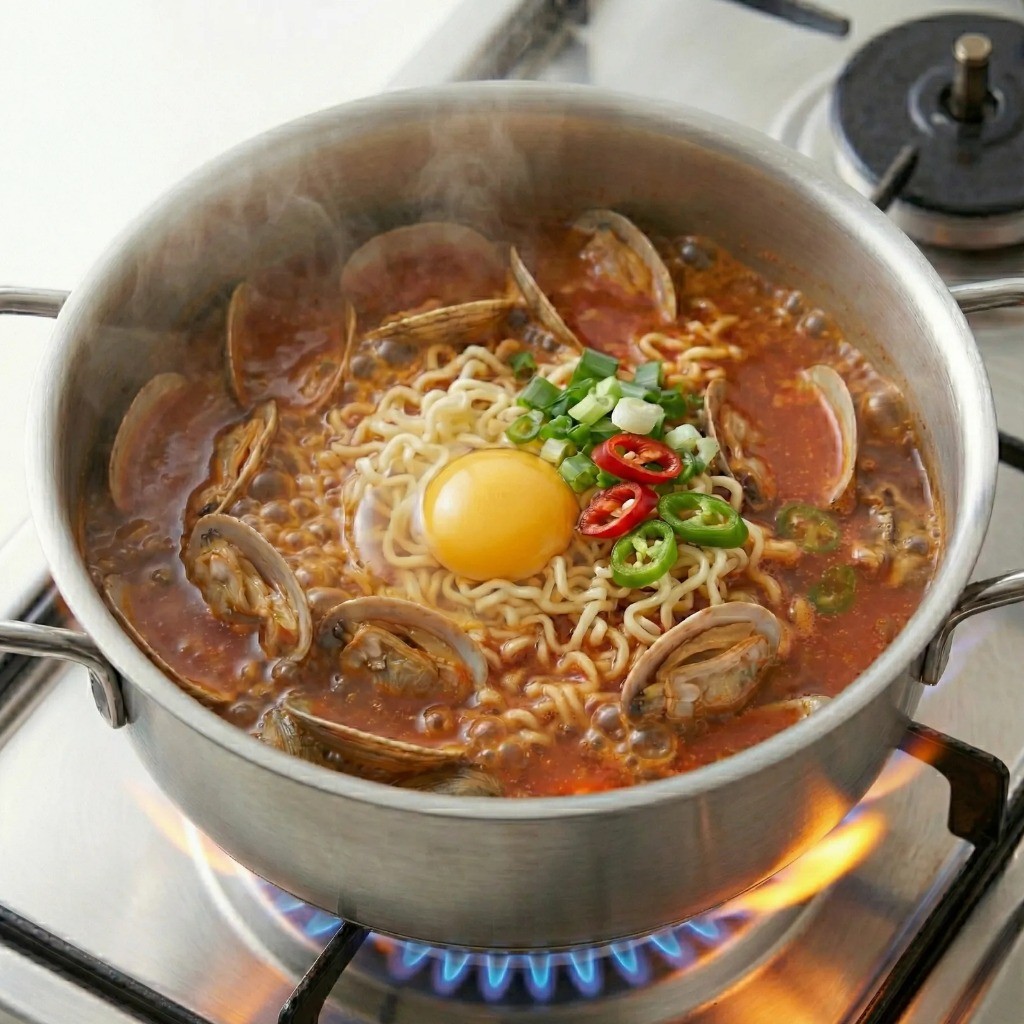 바지락 라면 마무리 - 달걀과 대파 청양고추 넣어 완성하기