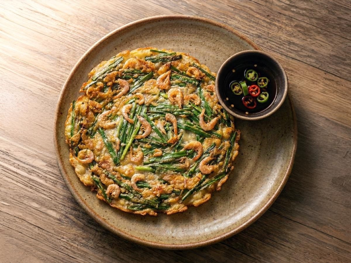 바삭한 식감이 살아있는 백종원 건새우 부추전 완성 접시와 초간장 양념장