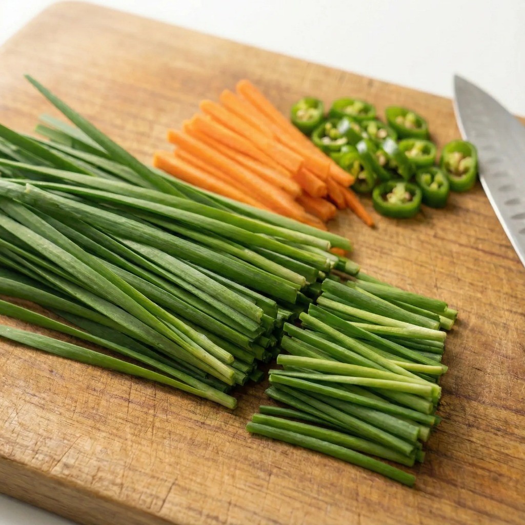 깨끗이 씻어 4-5cm 길이로 썬 부추와 채 썬 당근, 송송 썬 청양고추 재료 손질