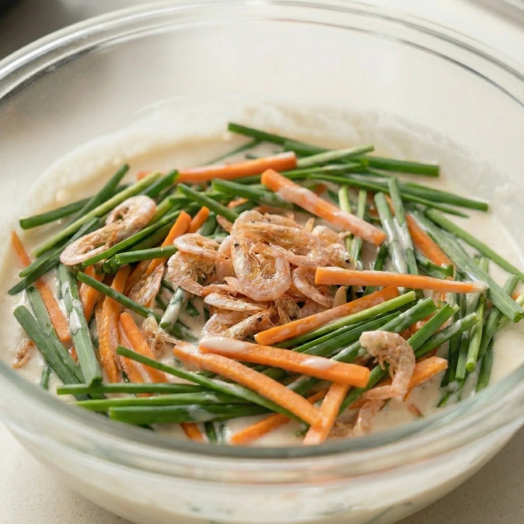 반죽물에 손질한 부추, 당근, 건새우를 넣고 풋내가 나지 않게 살살 버무리는 과정