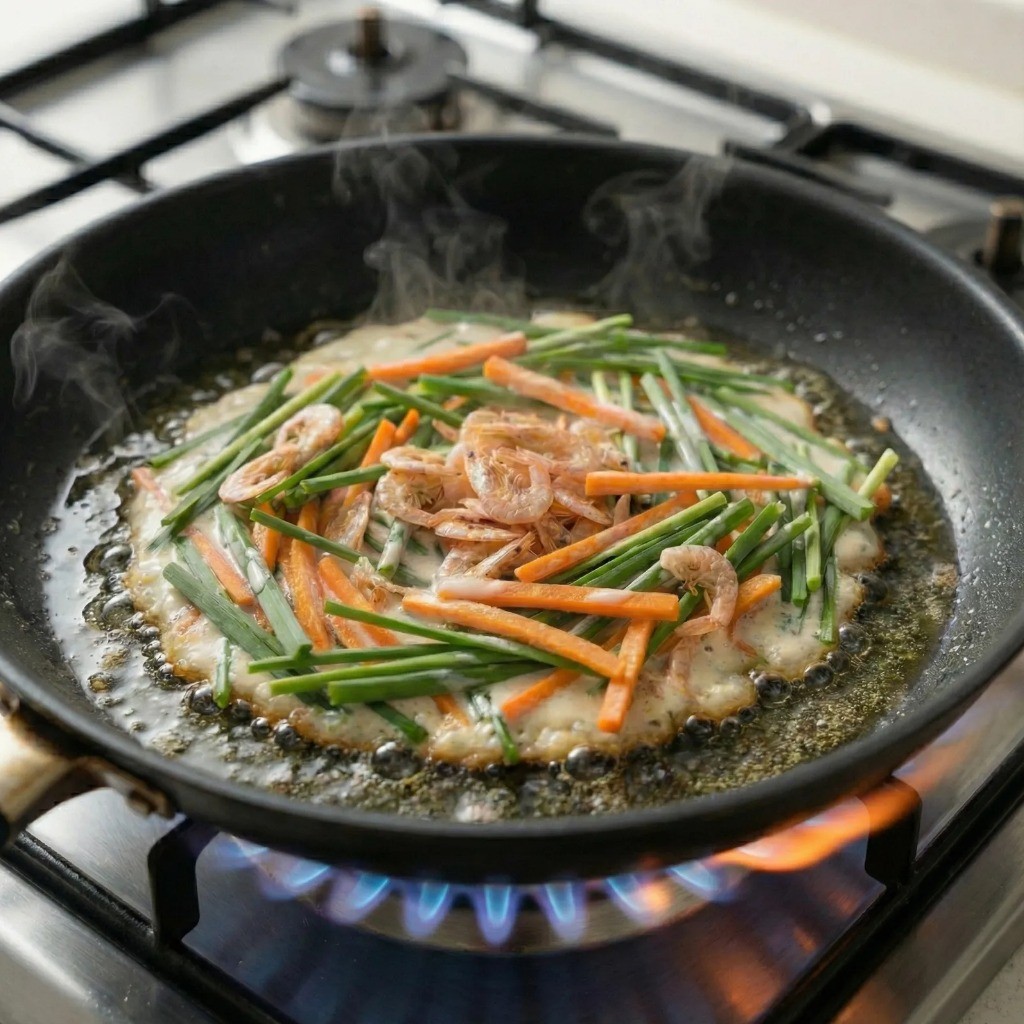 달궈진 프라이팬에 식용유를 넉넉히 두르고 얇게 펴서 노릇하고 바삭하게 굽는 건새우 부추전