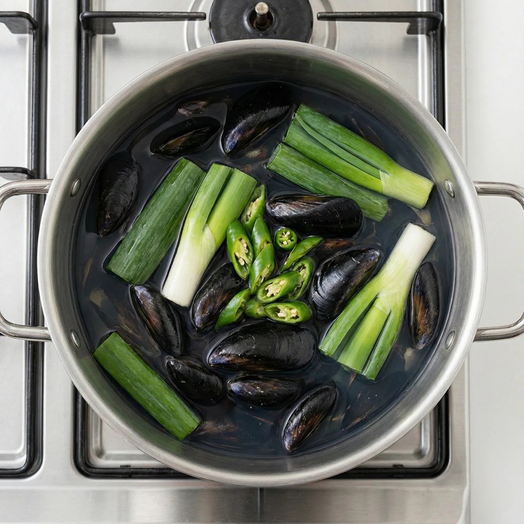 홍합탕 끓이는 법 냄비에 홍합 대파 청양고추 찬물 넣기