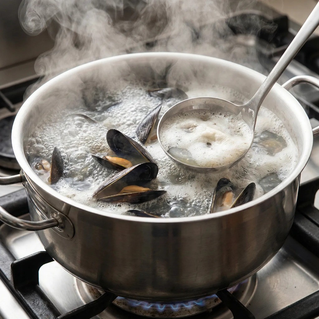 홍합탕 거품 걷어내고 맛소금으로 간 맞추기