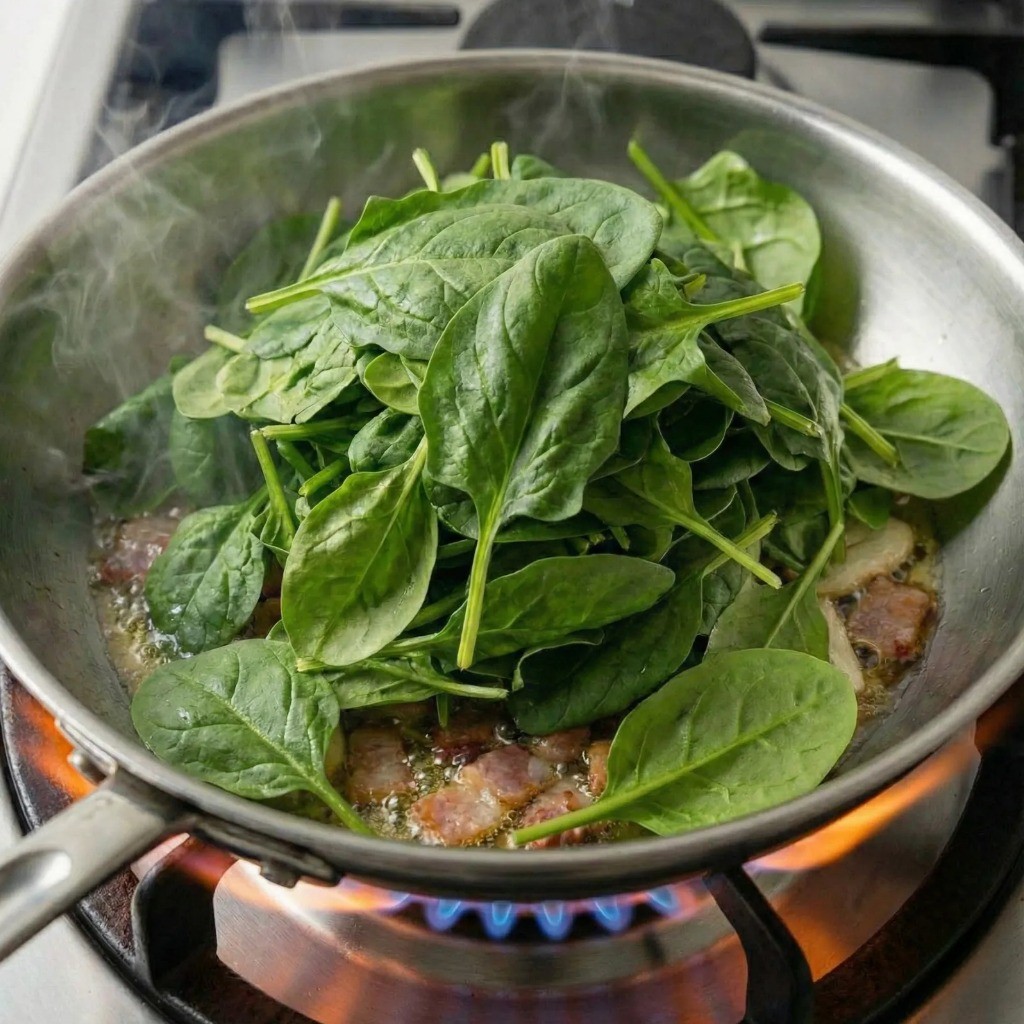 팬 가득 시금치를 넣고 센 불에 빠르게 볶는 모습