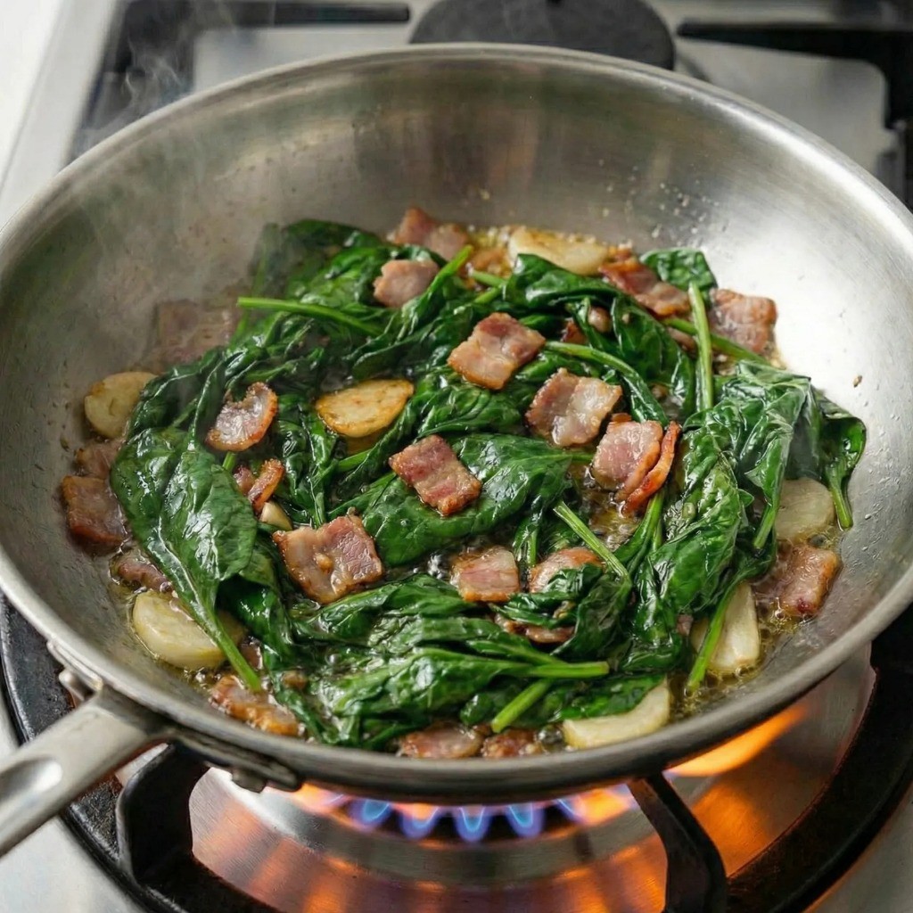 접시에 담긴 먹음직스러운 시금치 베이컨 볶음 술안주 반찬