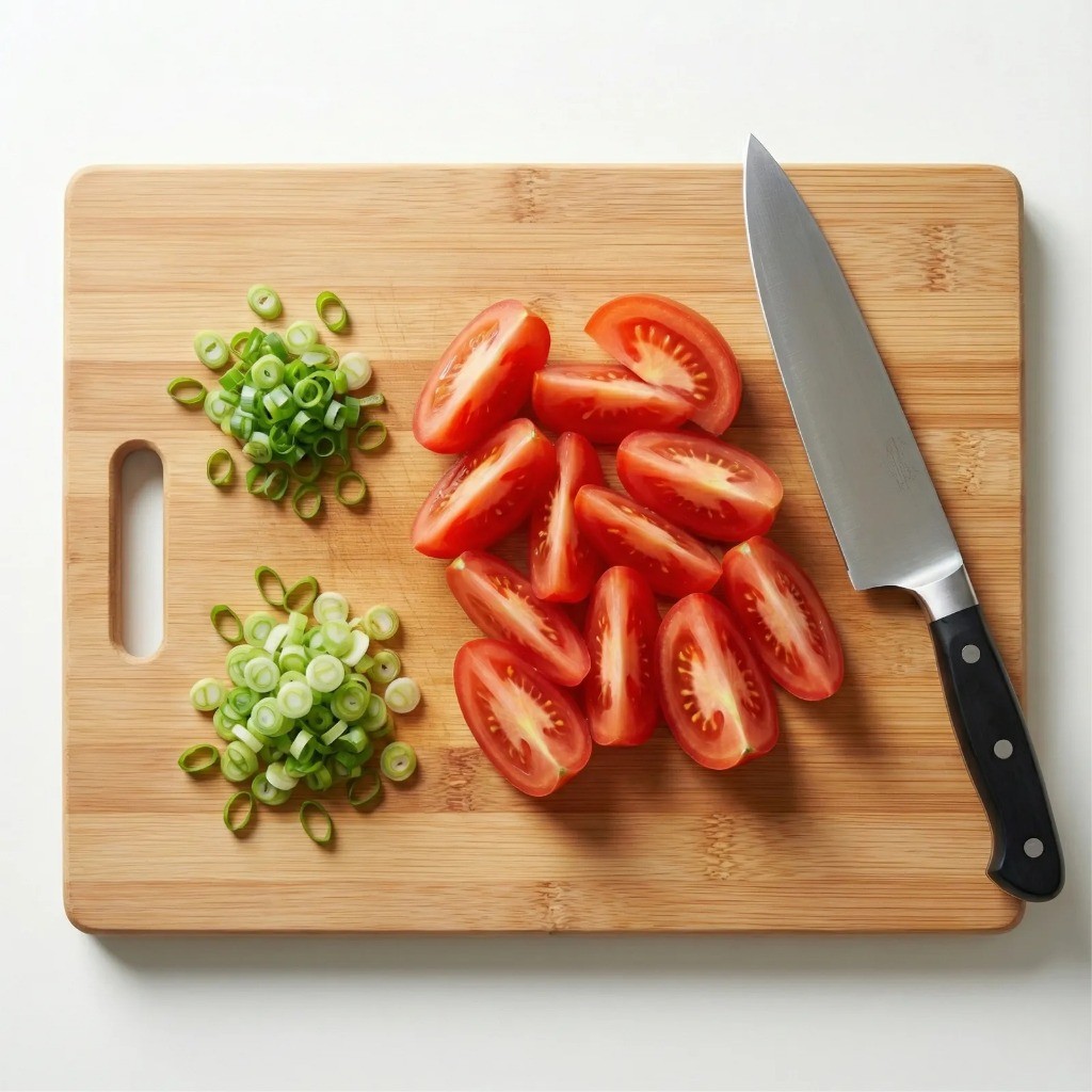 토마토 달걀 볶음 재료 준비 - 대파 송송 썰기 및 토마토 웨지 썰기