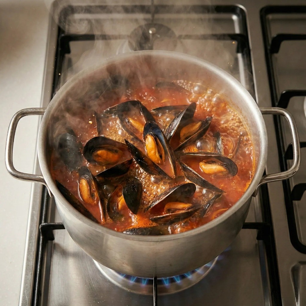홍합 육수 끓이기 입 벌어지는 모습