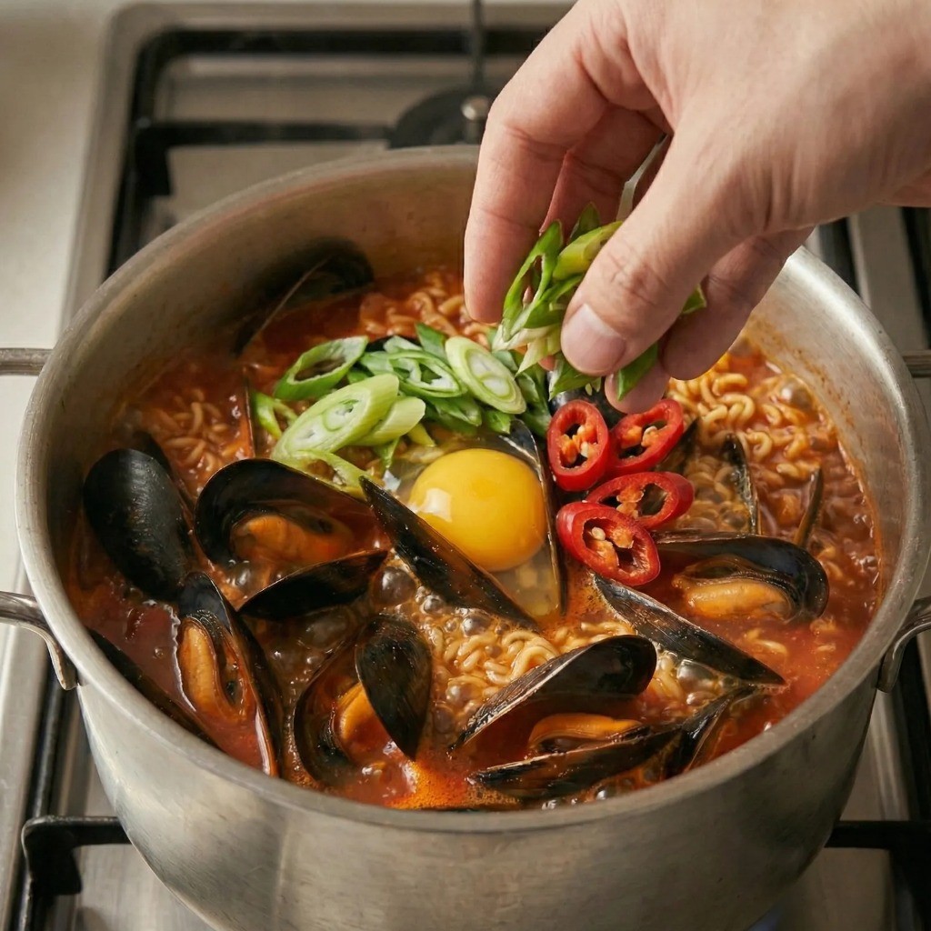홍합라면 파 청양고추 달걀 넣고 마무리