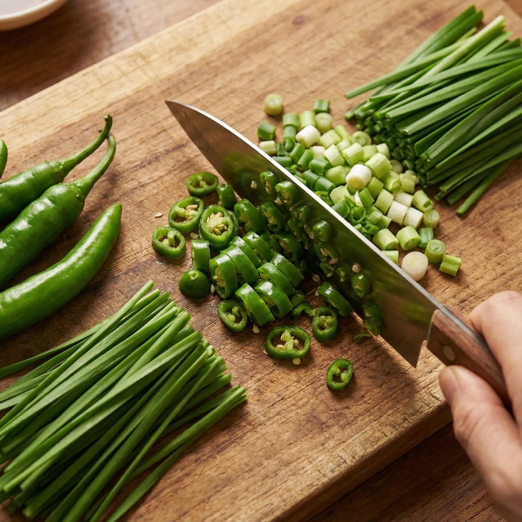 마른안주 소스 재료 손질: 매콤한 청양고추와 쪽파 잘게 다지기