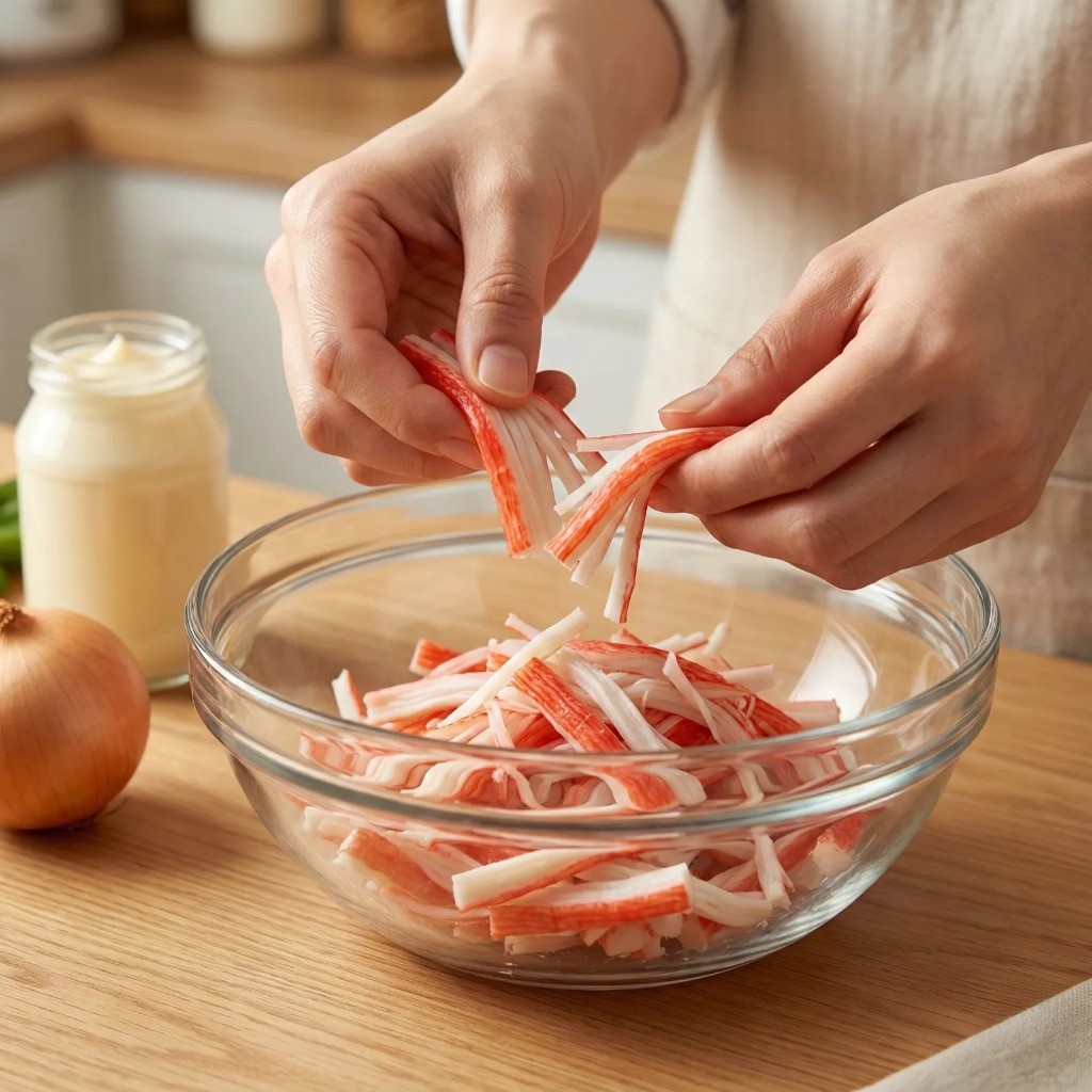카나페 토핑용 게맛살(크래미)을 결대로 잘게 찢어 손질하는 모습