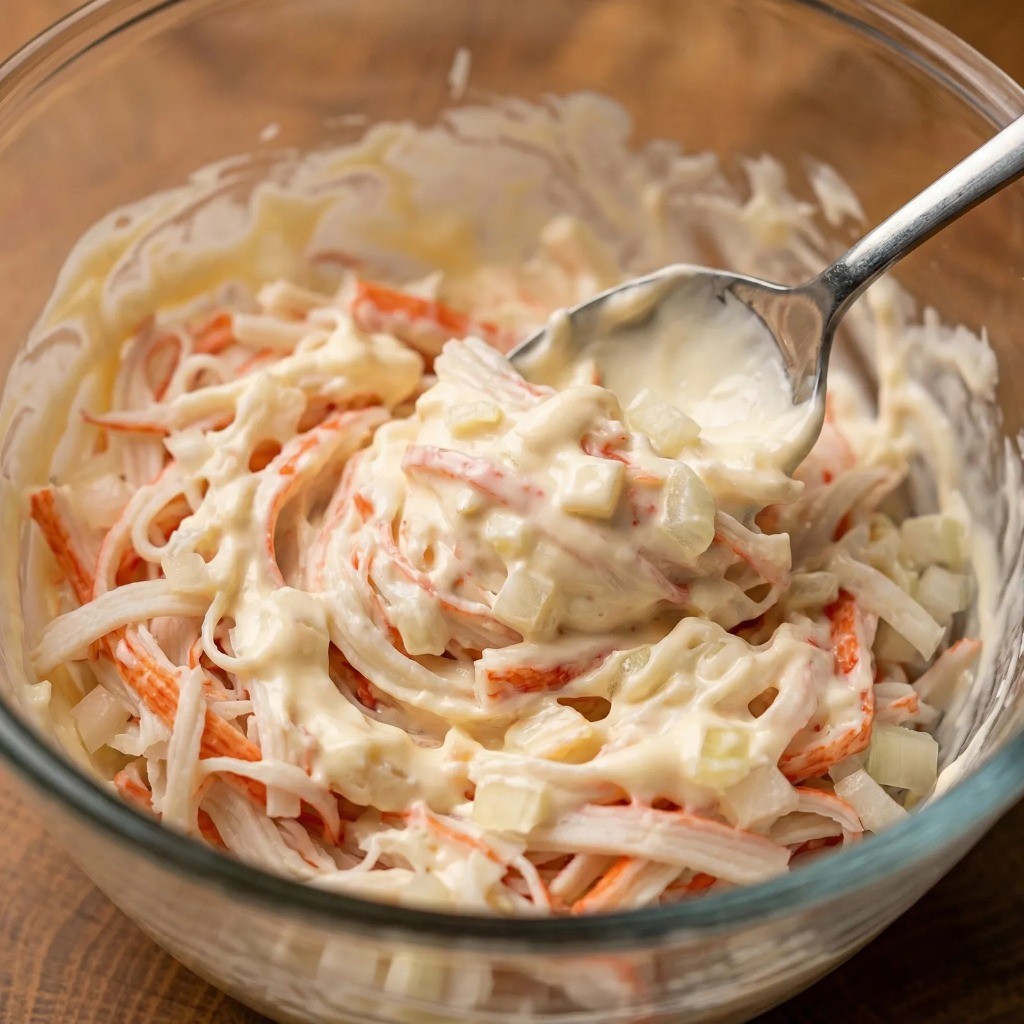 볼에 담긴 크래미와 양파를 마요네즈 소스와 함께 골고루 버무려 샐러드 만들기