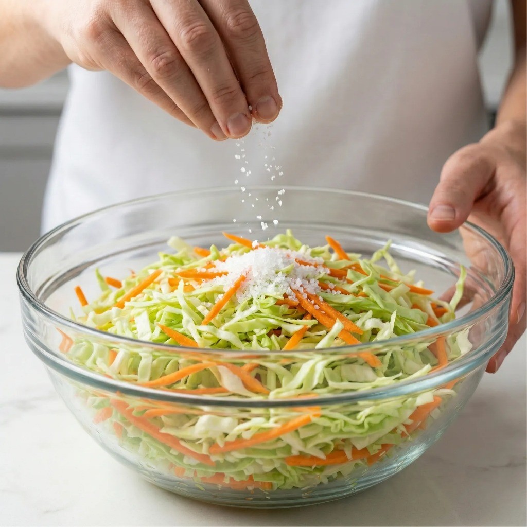 양배추 샐러드 절이기 - 채 썬 채소에 꽃소금 뿌려 숨 죽이기