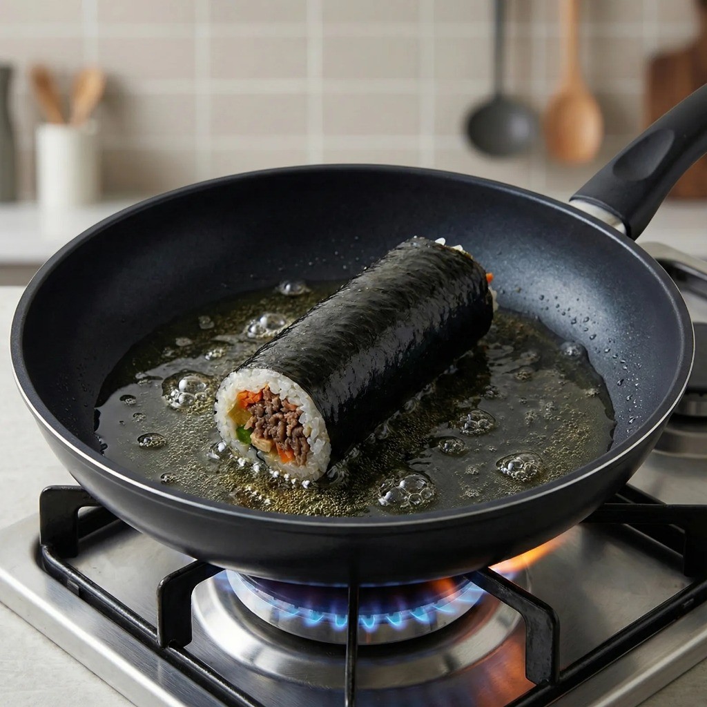 달궈진 프라이팬에 식용유를 두르고 김밥을 통째로 넣는 조리 과정