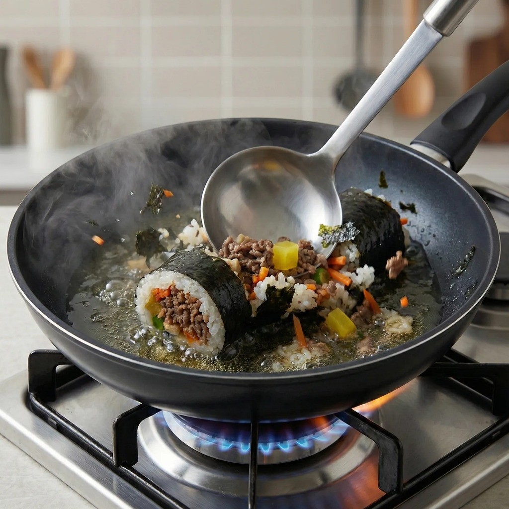 국자로 김밥을 으깨어 밥알과 속재료를 골고루 볶아주는 모습