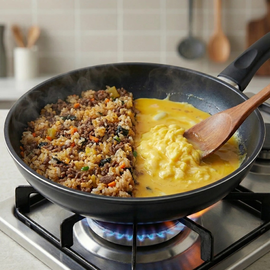 볶은 밥을 한쪽으로 밀고 빈 공간에 달걀 스크램블을 만드는 모습