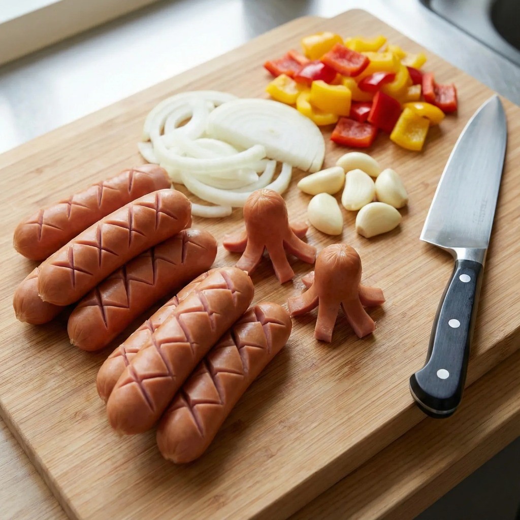 백종원 쏘야 레시피 재료 손질 - 문어 모양 비엔나 소시지와 채소