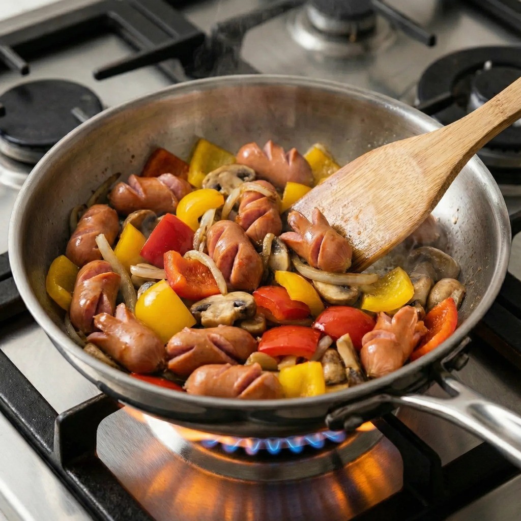 백종원 소시지 볶음 - 칼집 낸 소시지와 채소 볶기