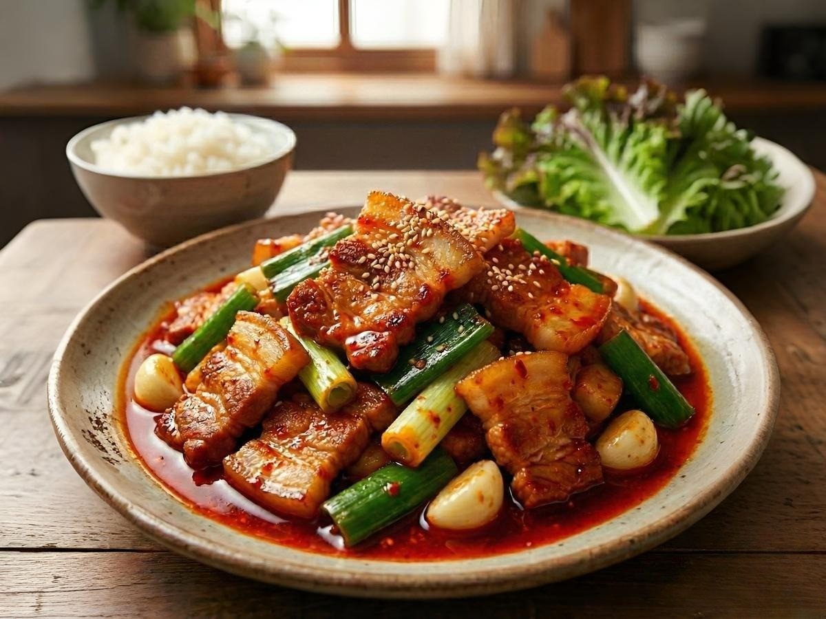 백종원 대파 제육볶음 황금레시피 - 노릇한 삼겹살과 푸짐한 대파가 어우러진 요리 완성 사진