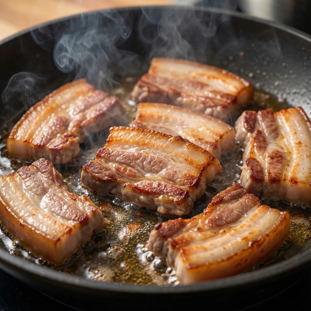 삼겹살 제육볶음 조리 과정 - 팬에서 노릇하게 삼겹살 굽기와 기름 내기