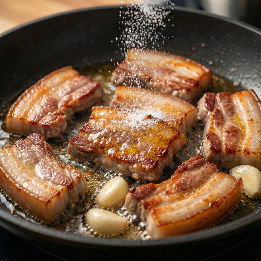 제육볶음 설탕 코팅 - 고기에 설탕을 먼저 넣어 카라멜라이징하여 풍미 더하기