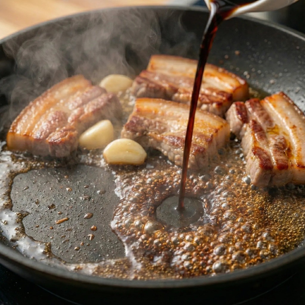 제육볶음 간장 불맛 내기 - 팬 가장자리에서 간장을 눌려 감칠맛 입히는 과정