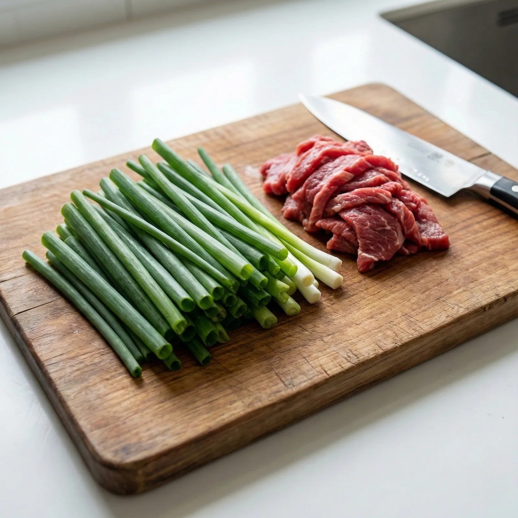 파개장 재료 손질: 큼직하게 썬 대파와 소고기 불고기감 준비