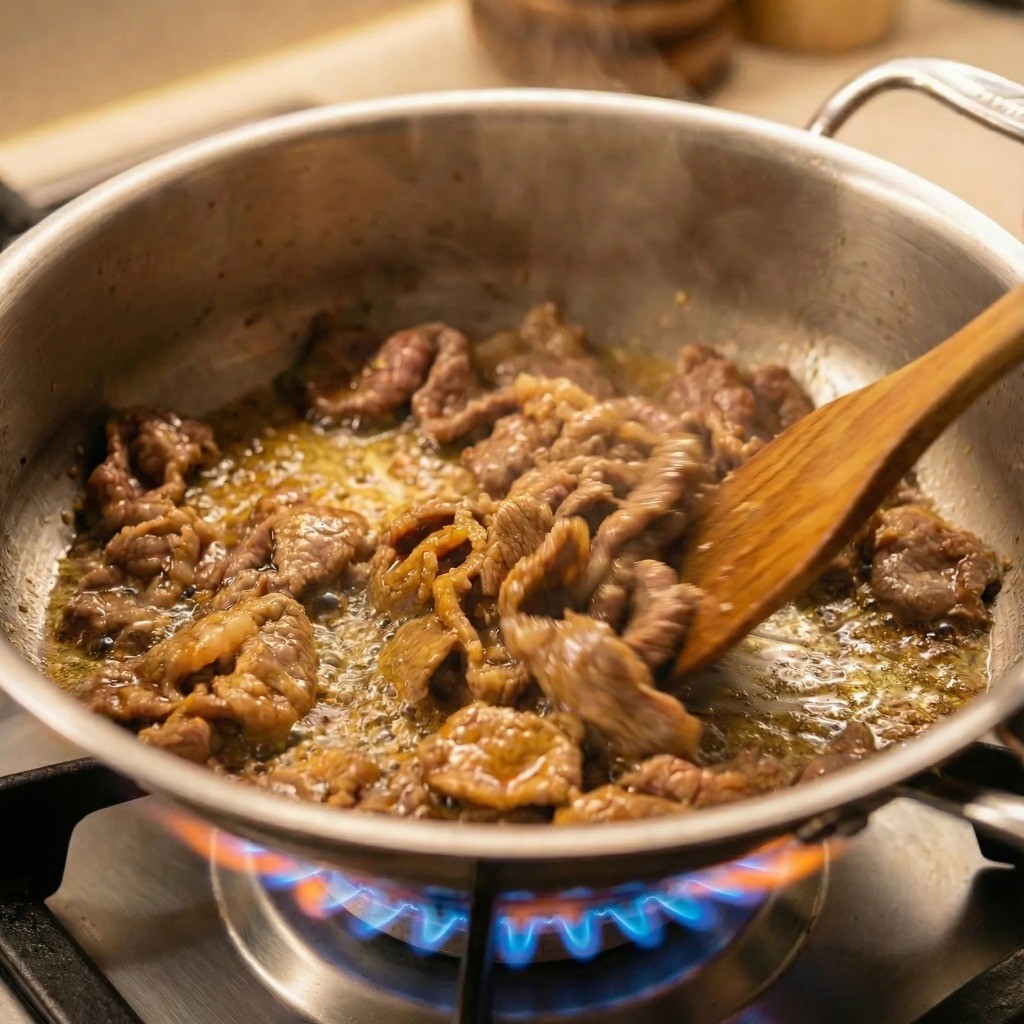 참기름과 식용유에 소고기를 볶아 고소한 풍미를 내는 과정