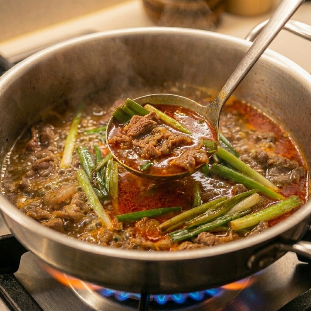 뚝배기에서 보글보글 끓고 있는 완성된 백종원표 파개장