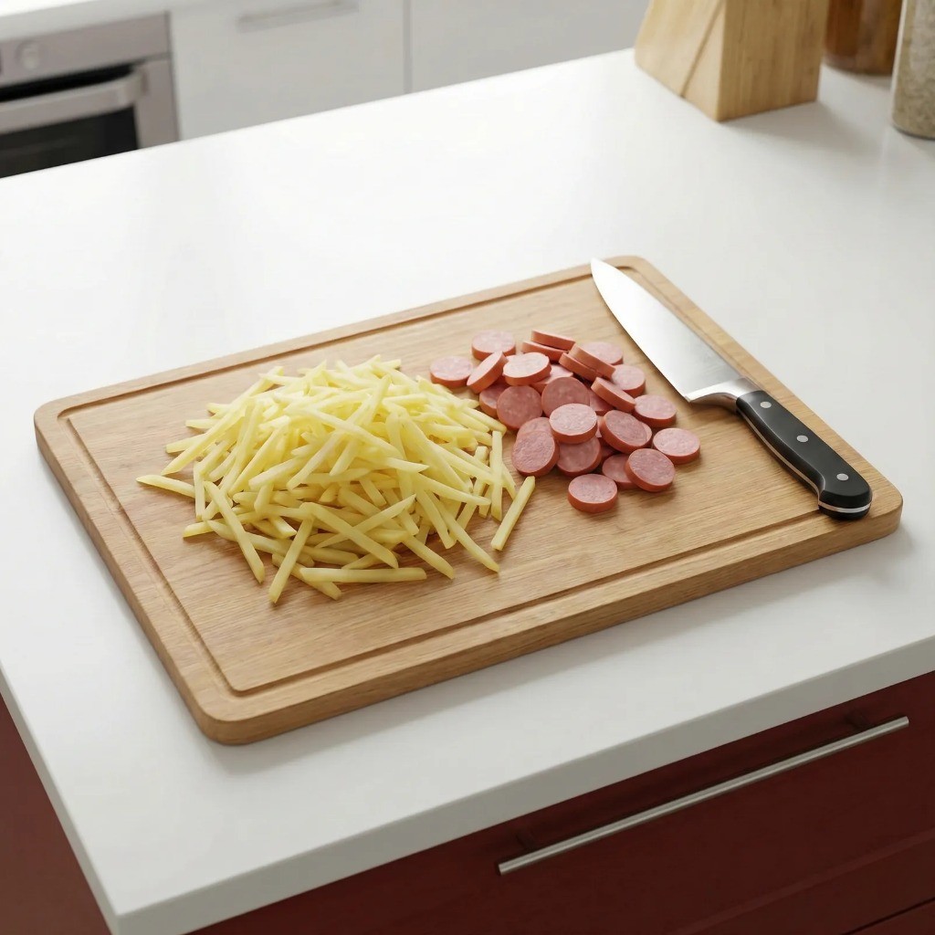 새둥지전 재료 손질: 감자와 소세지 얇게 채 썰기 (채칼 활용)