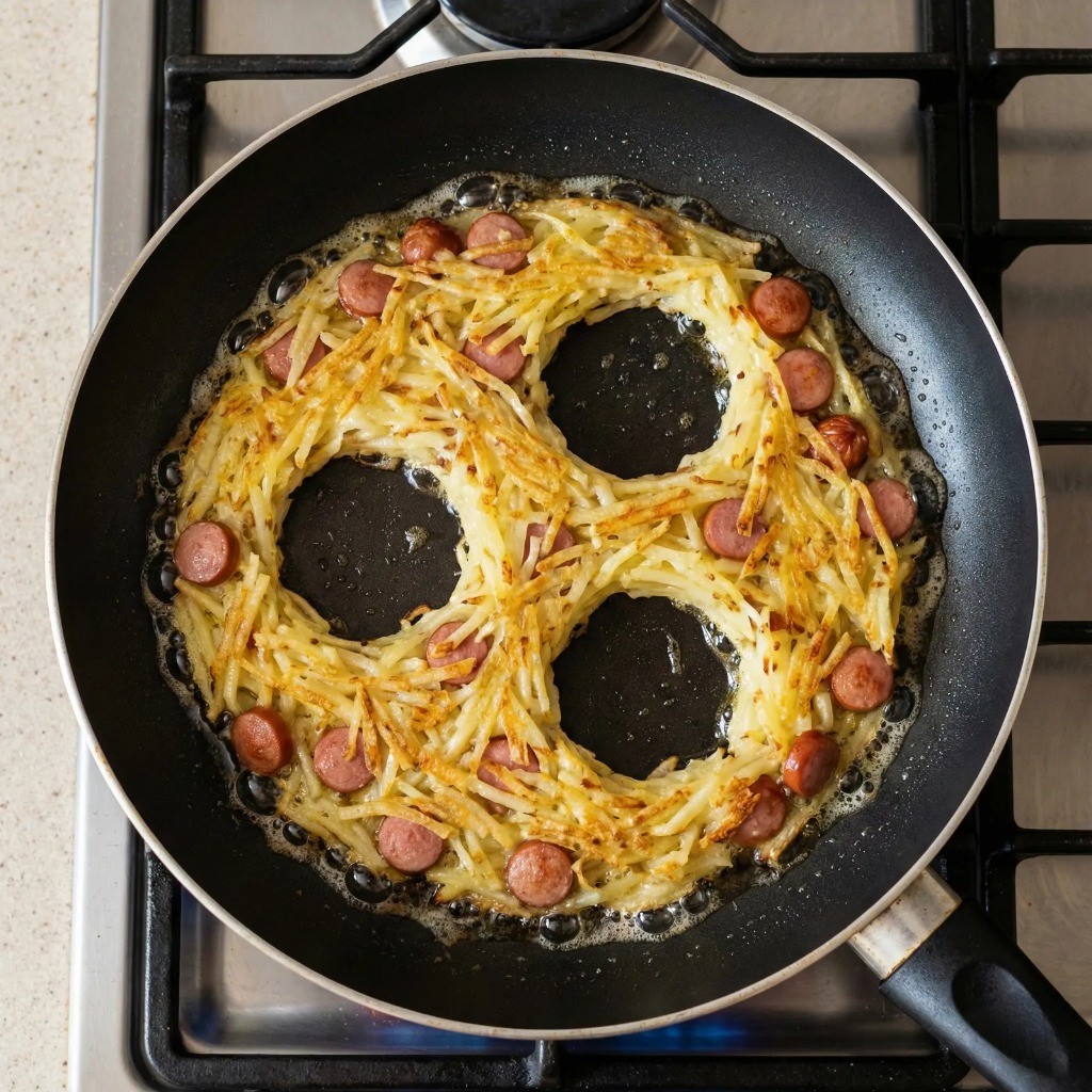 새둥지 모양 만들기: 프라이팬에 감자채 반죽 넓게 펴고 달걀 홈 만들기