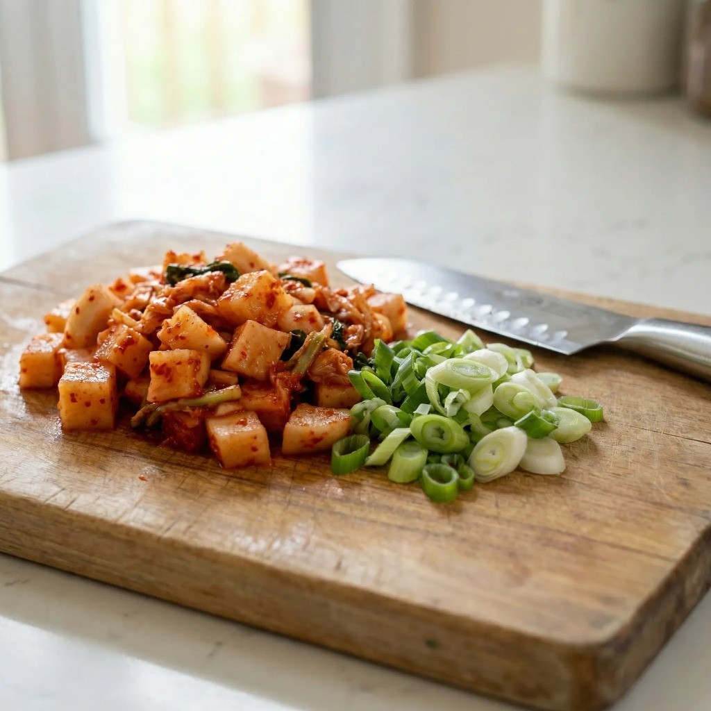 깍두기 볶음밥 재료 준비 - 잘게 썬 신 깍두기와 송송 썬 대파