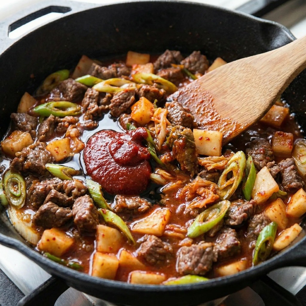 볶음밥 양념하기 - 볶은 재료에 고추장, 간장, 설탕, 깍두기 국물 넣고 섞기