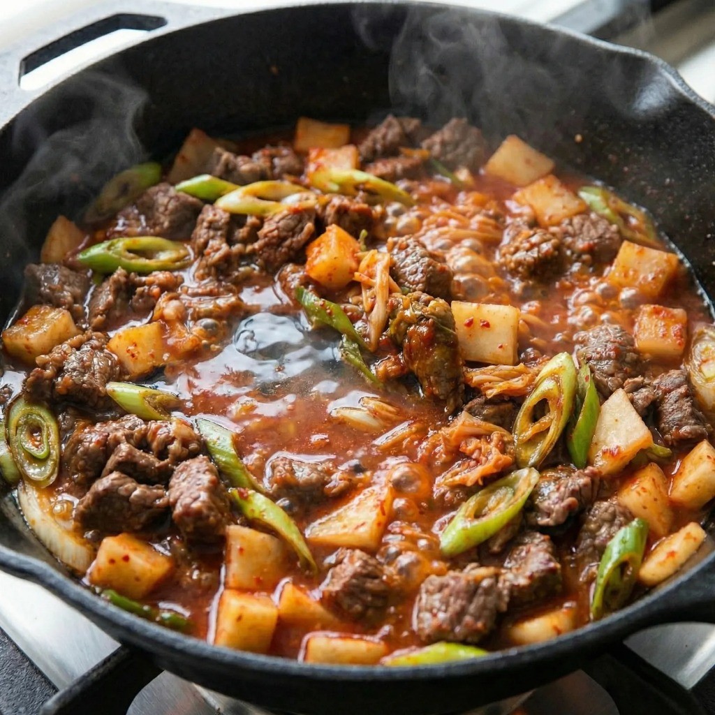 백종원 레시피 핵심 비법 - 물을 붓고 깍두기가 부드러워질 때까지 졸이기