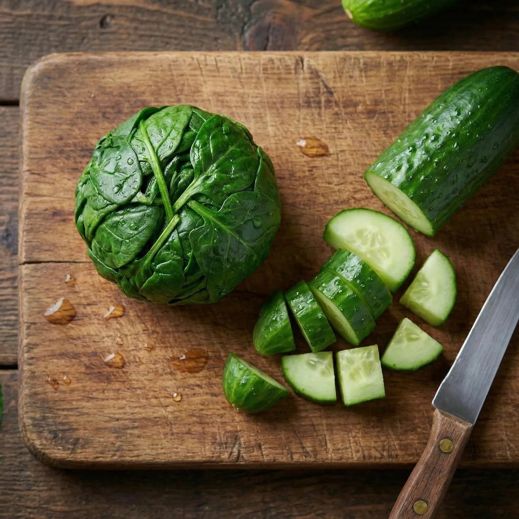 장아찌용 채소 재료 손질: 살짝 데친 시금치와 먹기 좋게 썬 오이