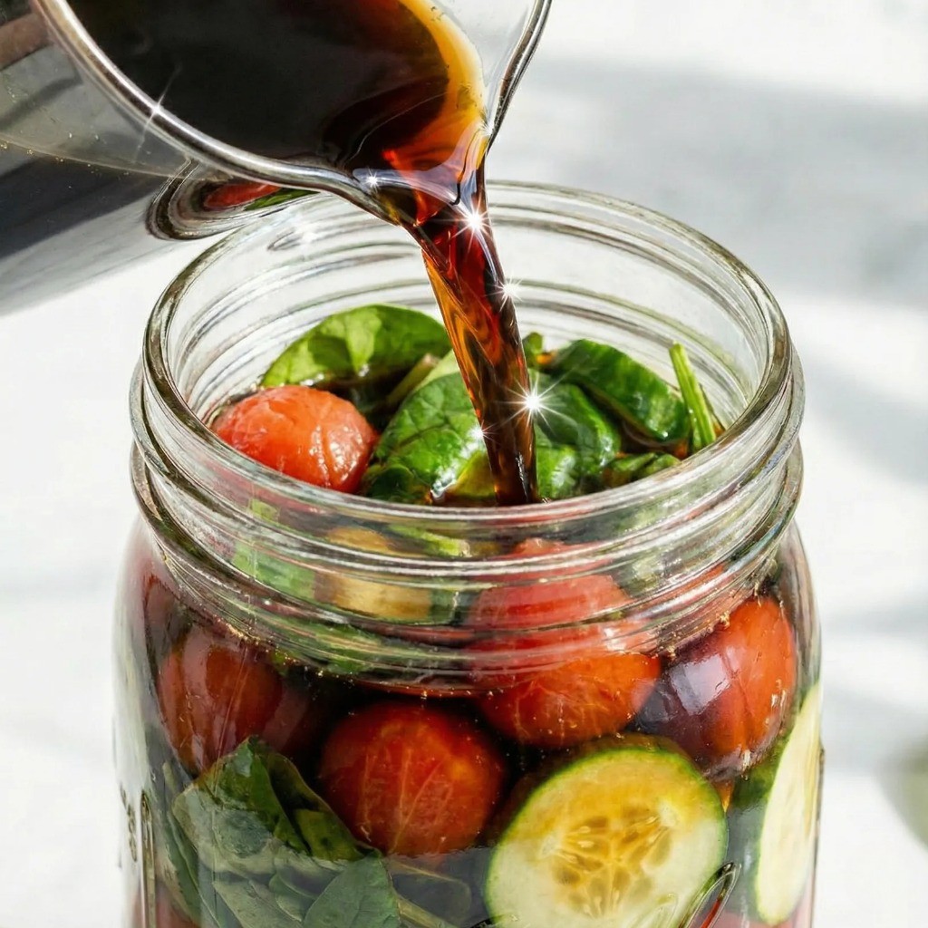 손질한 채소를 담은 용기에 식힌 만능 장아찌 소스를 붓는 조리 마지막 단계