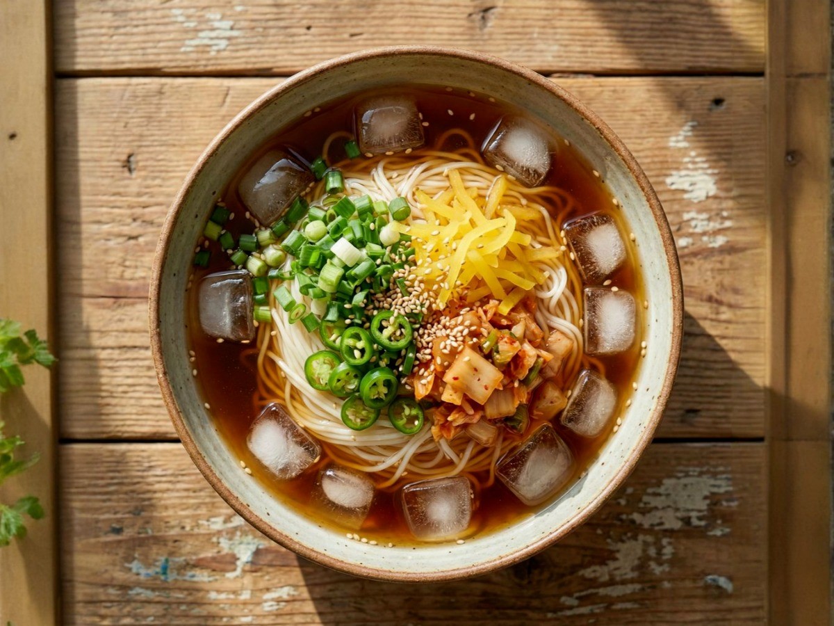 얼음이 띄워진 시원한 백종원 스타일 장아찌 소스 냉국수 완성