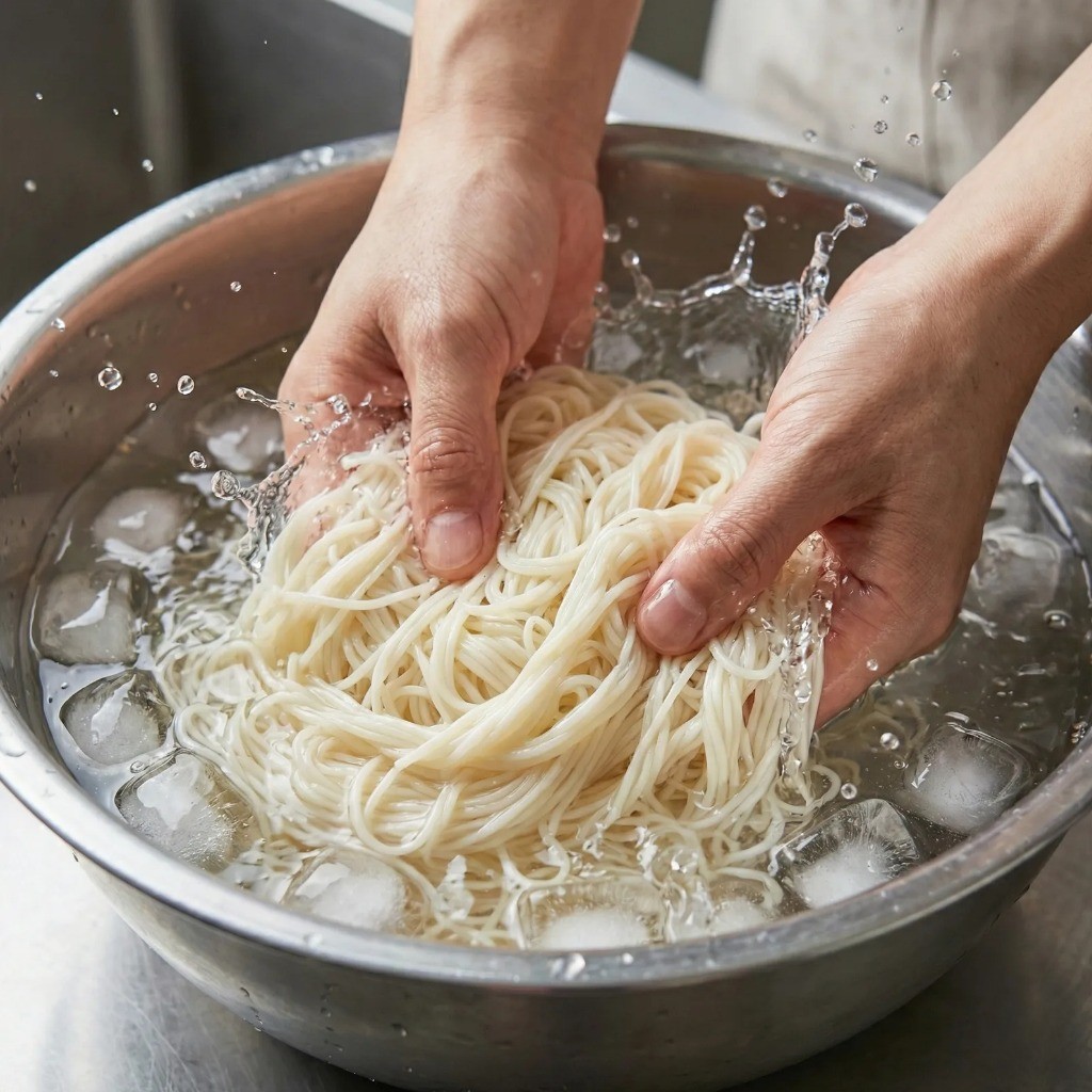 삶은 국수 찬물에 빨래하듯 헹궈 전분기 제거하기