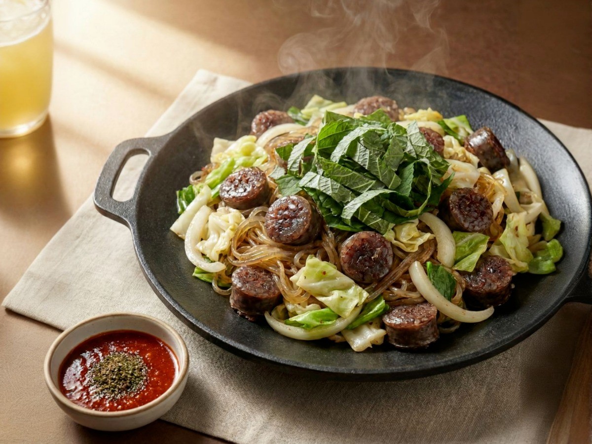 백종원 레시피로 만든 신림동 스타일 백순대볶음 완성, 특제 양념장과 깻잎 플레이팅