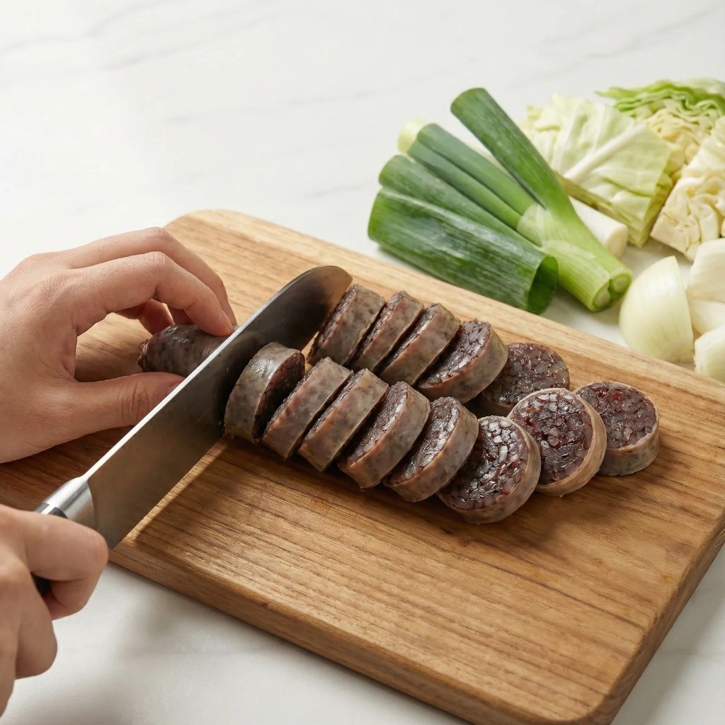 백순대볶음 재료 준비, 얇게 썬 순대와 손질된 대파 양파 양배추