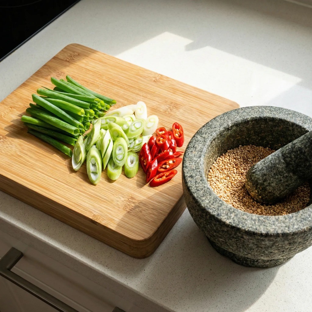 김라면 재료 손질 - 대파, 청양고추 썰기와 절구에 통깨 갈기
