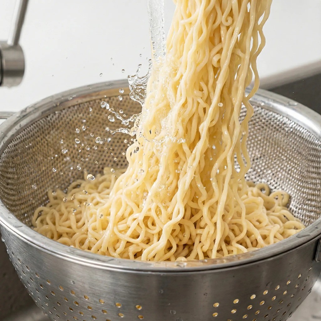 비빔라면 면 삶기 - 라면 면 삶은 후 찬물에 헹궈 탱글하게 만들기